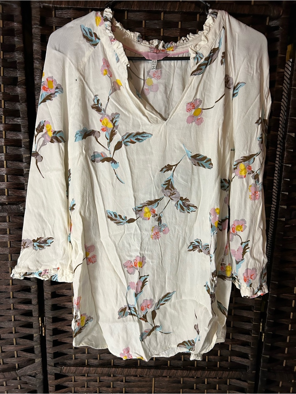 Joules Cream Floral V-Neck Ruffle Blouse